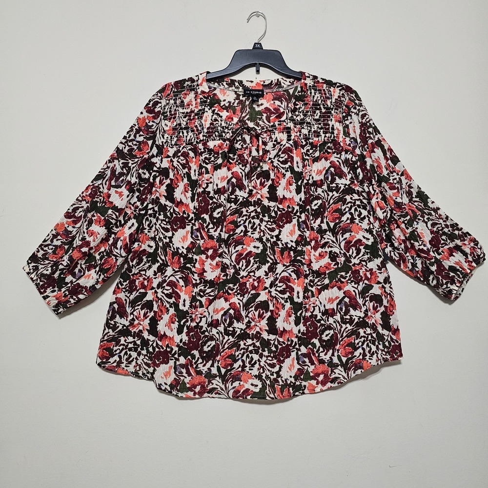 IN Studio Womens Top Blouse Plus 3X Brown Multicolor Floral Smocked Neck Tie 944
